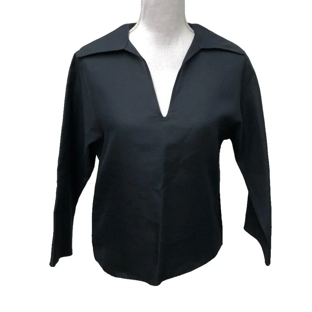 Tory Burch Silk Gazar Tunic Top Womens 2 Black Minimalist 3/4 Sleeve Teacher New
